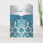 Zilver en Blauwgroen Damask Bedankt Card (Voorkant)