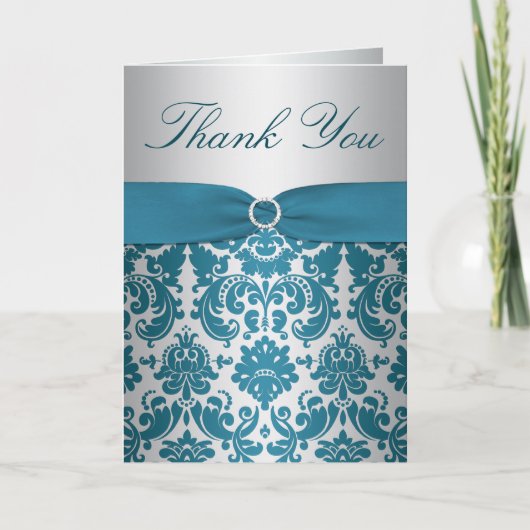 Zilver en Blauwgroen Damask Bedankt Card (Voorkant)
