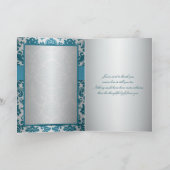 Zilver en Blauwgroen Damask Bedankt Card (Binnen)
