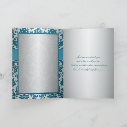 Zilver en Blauwgroen Damask Bedankt Card (Binnen)