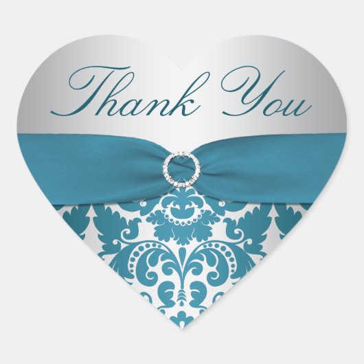 Zilver en Blauwgroen Damask Dank u Sticker (Voorkant)