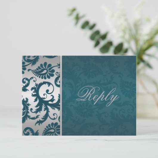 Zilver en Blauwgroen Damask II Antwoord Kaart (Staand voorkant)