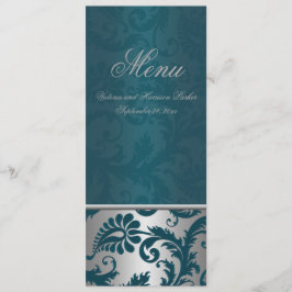 Zilver en Blauwgroen Damask II Bruiloft Menu Kaart