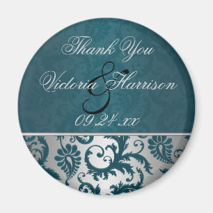 Zilver en Blauwgroen Damask II Wedding Favor Magne Magneet