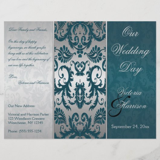 Zilver- en Blauwgroen Damask II Wedding Programme (Voorkant)
