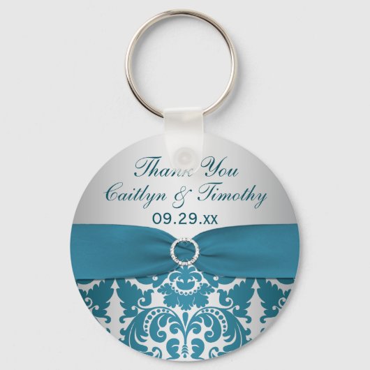 Zilver en Blauwgroen Damask Wedding Favor Sleutelh Sleutelhanger (Voorkant)