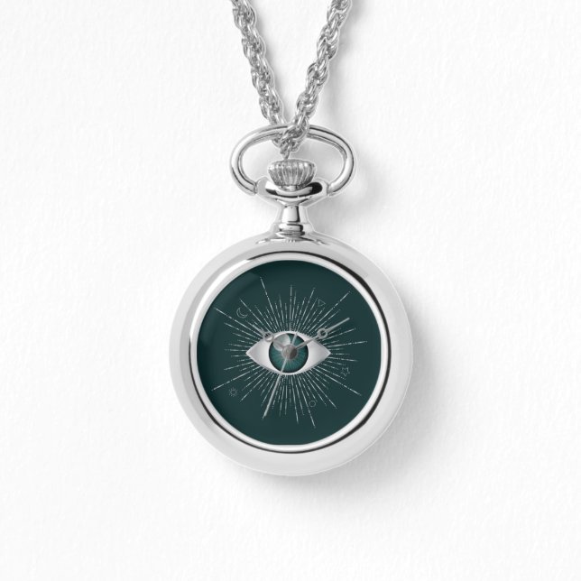 Zilver en Blauwgroen Groen Mystic Evil Eye Nazar M Horloge (Voorkant)