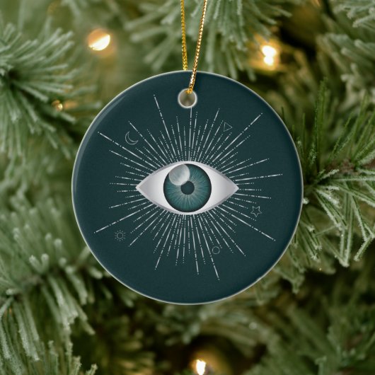 Zilver en Blauwgroen Groen Mystic Evil Eye Nazar M Keramisch Ornament (Boom)