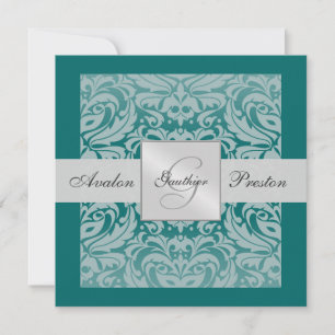Zilver en Blauwgroen Monogram Damask Border Uitnod Kaart