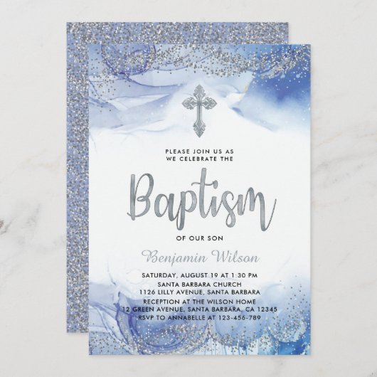 Zilver en Blue Boy Baptisme Kaart (Voorkant / Achterkant)
