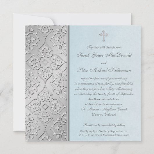 Zilver en Blue Scrolled Wedding Invitation Kaart (Achterkant)