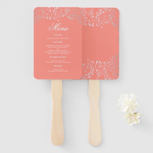 Zilver en Blush Koraal Bruiloft Menu's Handwaaier (Voorkant en achterkant)