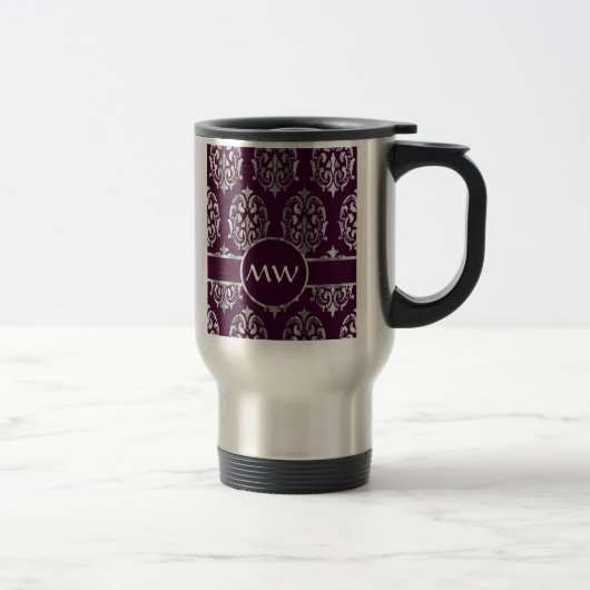Zilver en bordeauxrood damast monogram reisbeker (Rechts)