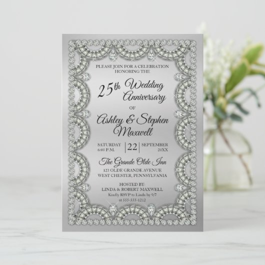 Zilver en diamant 25e bruiloft Jubileum Partij Kaart (Staand voorkant)
