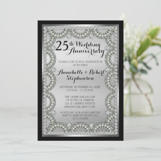 Zilver en diamant 25e bruiloft Jubileum Partij Kaart (Staand voorkant)