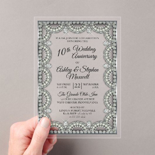 Zilver en Diamond 10de bruiloft Jubileum Party Acryl Uitnodigingen (Insitu (Draagbaar))