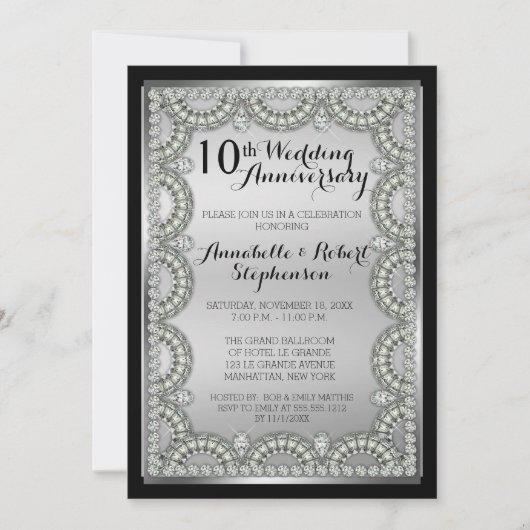 Zilver en Diamond 10de bruiloft Jubileum Party Kaart (Voorkant)