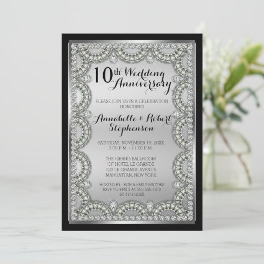 Zilver en Diamond 10de bruiloft Jubileum Party Kaart (Staand voorkant)
