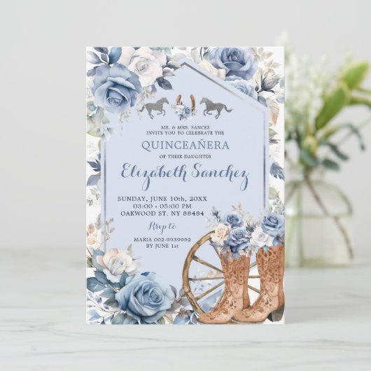 Zilver en Dusty Blauw Western Charra Quinceañera Kaart (Staand voorkant)