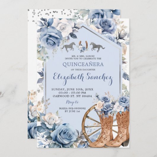 Zilver en Dusty Blauw Western Charra Quinceañera Kaart (Voorkant / Achterkant)