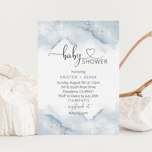 Zilver en Dusty Blue Waterverf Baby shower Kaart