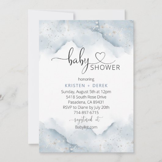 Zilver en Dusty Blue Waterverf Baby shower Kaart (Voorkant)