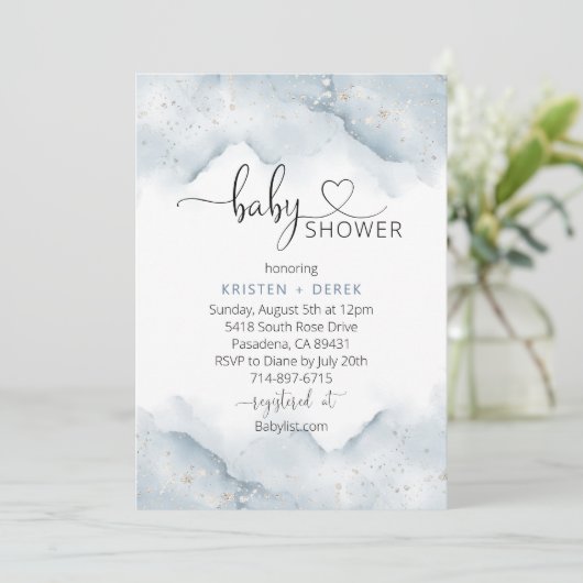 Zilver en Dusty Blue Waterverf Baby shower Kaart (Staand voorkant)