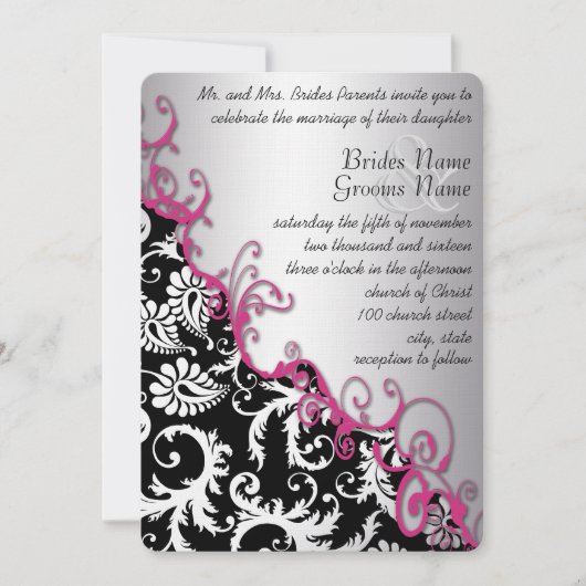 Zilver en Fuchsia Damask Romantic Swirl Kaart (Voorkant)