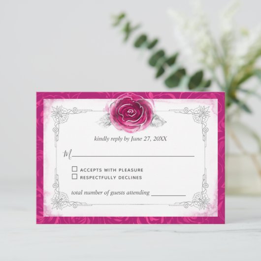 Zilver en Fuchsia Rozen Elegant RSVP Kaartje (Staand voorkant)
