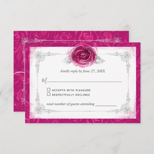 Zilver en Fuchsia Rozen Elegant RSVP Kaartje (Voorkant / Achterkant)