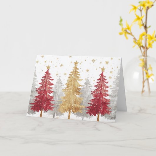 Zilver en Goud Bos Kerstbomen Kaart (Gele Bloem)