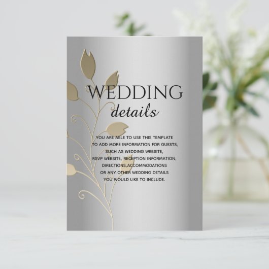 Zilver en Goud Folie Bloem Bruiloft Details Kaart (Staand voorkant)