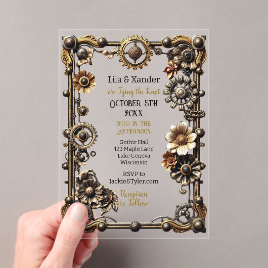 Zilver en Goud Gothic Metal Steampunk Wedding Acryl Uitnodigingen (Insitu (Draagbaar))