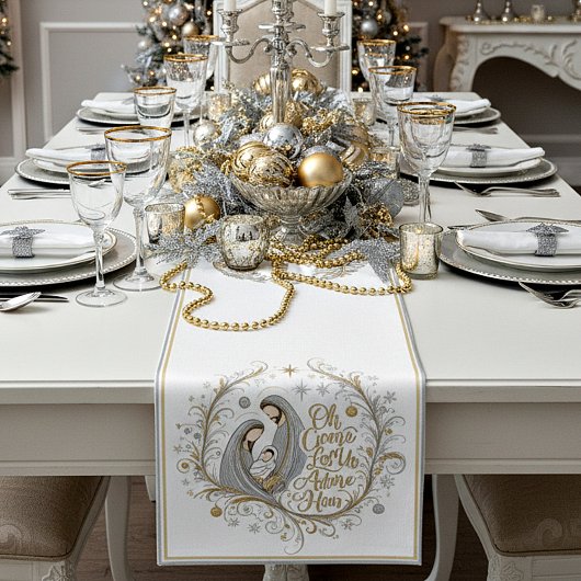 Zilver en goud kerststal korte tafelloper