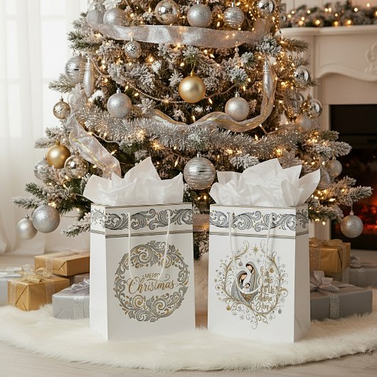 Zilver en goud kerststal medium cadeauzakje