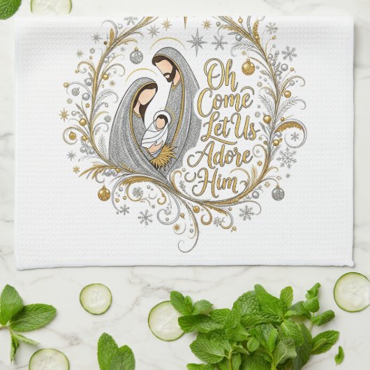 Zilver en goud kerststal theedoek (Gevouwen)