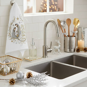 Zilver en goud kerststal theedoek