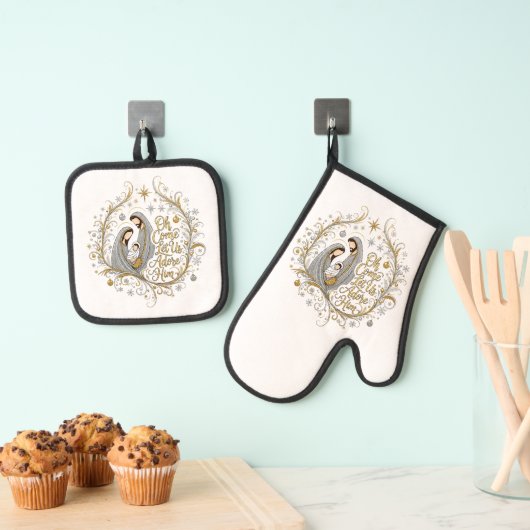 Zilver en gouden kerststal ovenwant & pannenlap set (Insitu(Ophanging))