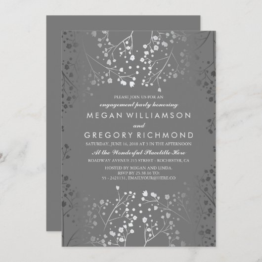 Zilver en Grey Baby's Breath Engagement Party Kaart (Voorkant / Achterkant)