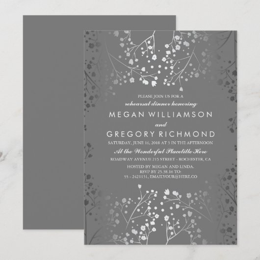 Zilver en Grijs Baby's Breath Repetitie Diner Kaart (Voorkant / Achterkant)