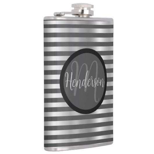 Zilver en grijs gestreept monogram heupfles (Rechts)