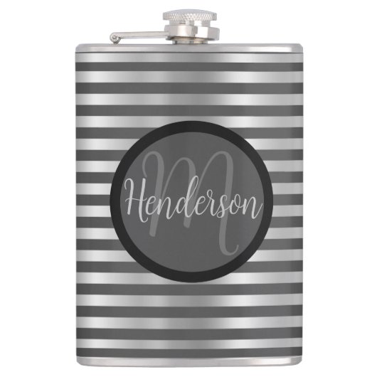 Zilver en grijs gestreept monogram heupfles (Voorkant)