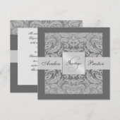 Zilver en grijs Monogram Damask Border Uitnodiging (Voorkant / Achterkant)