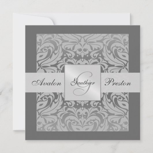 Zilver en grijs Monogram Damask Border Uitnodiging (Voorkant)
