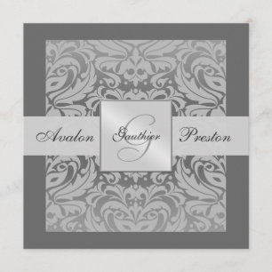 Zilver en grijs Monogram Damask Border Uitnodiging
