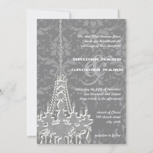 Zilver en grijze handelaars Damask Wedding Invite Kaart (Voorkant)