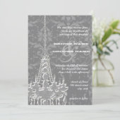 Zilver en grijze handelaars Damask Wedding Invite Kaart (Staand voorkant)