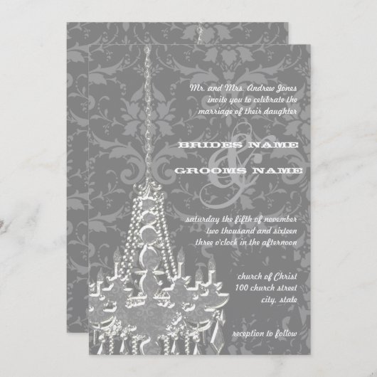 Zilver en grijze handelaars Damask Wedding Invite Kaart (Voorkant / Achterkant)