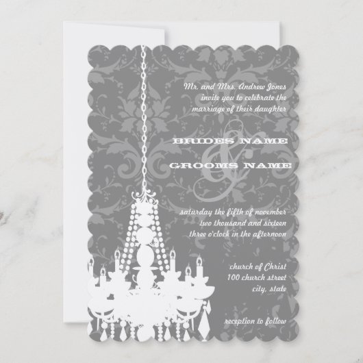 Zilver en grijze handelaars Damask Wedding Invite Kaart (Voorkant)
