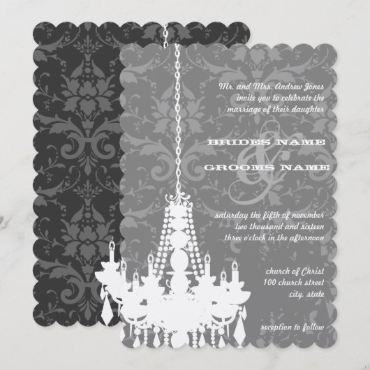 Zilver en grijze handelaars Damask Wedding Invite Kaart (Voorkant / Achterkant)